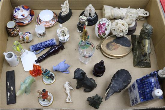 A mixed group of collectables, including Derby and other ceramics, carved ivory and a watercolour miniature portrait